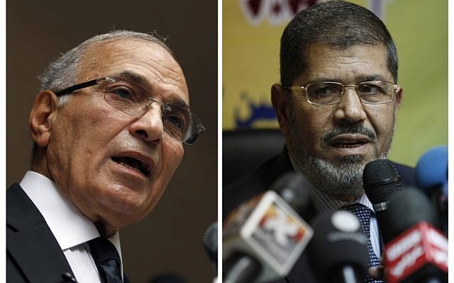 Egyptian presidential candidates Ahmed Shafiq (left) and Mohammed Morsi. (photo credit: Khalil Hamra; Nasser Nasser/AP)