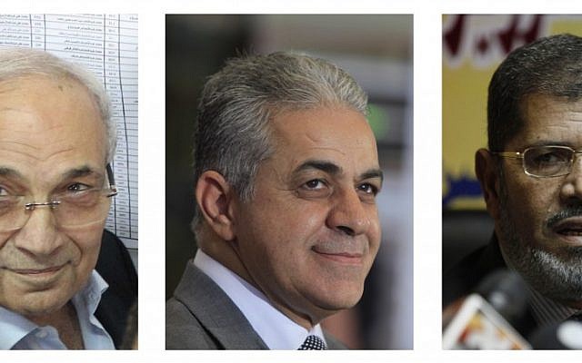 This combination of three photos shows Egyptian presidential candidates, from left, Ahmed Shafiq, Hamdeen Sabahi and Mohammed Morsi. (photo credit: AP)
