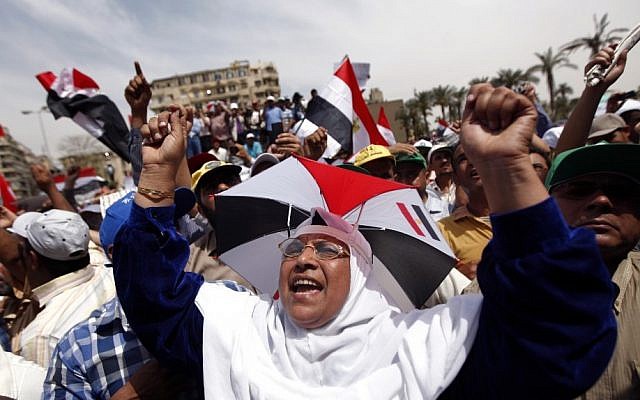 Egyptians chant slogans as they protest in Tahrir square in Cairo earlier this month. (photo credit: AP)