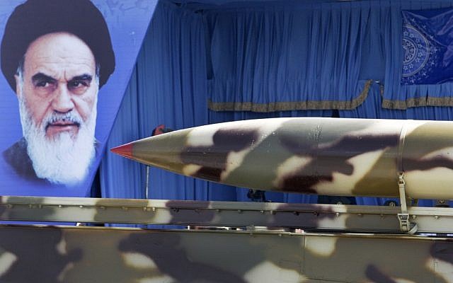 A missile displayed during a military parade outside Tehran.  (photo credit: AP/Vahid Salemi)