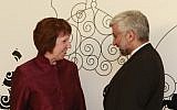 EU Foreign Policy chief Catherine Ashton, left, speaks with Iran's former chief nuclear negotiator Saeed Jalili during May 2012 talks in Baghdad (photo credit: Hadi Mizban/AP)