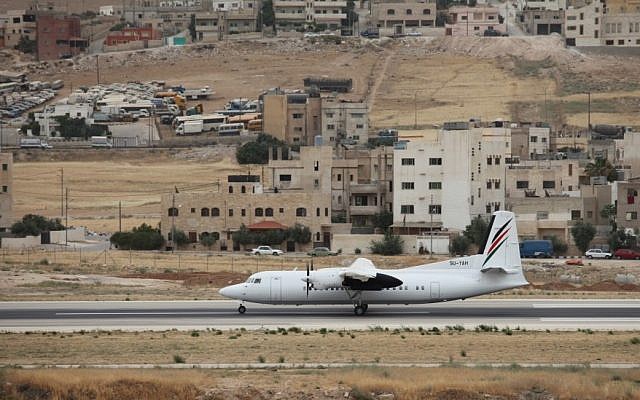A Palestinian Airlines flight takes off from Marka Airbase to El-Arish, Egypt, in Amman, Jordan, Sunday. Palestinian Airlines is back in the skies after being grounded for seven years. It has two 48-seat turbo-prop planes, two weekly flights, and a borrowed hub in Egypt. (photo credit: AP/Mohammad Hannon) A Palestinian Airlines flight takes off from Marka Airbase to El-Arish, Egypt, in Amman, Jordan, Sunday. Palestinian Airlines is back in the skies after being grounded for seven years. It has two 48-seat turbo-prop planes, two weekly flights, and a borrowed hub in Egypt. (photo credit: AP/Mohammad Hannon)
