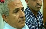 Kiryat Malachi Mayor Motti Malka in court on Wednesday. (screen capture: Channel 2)