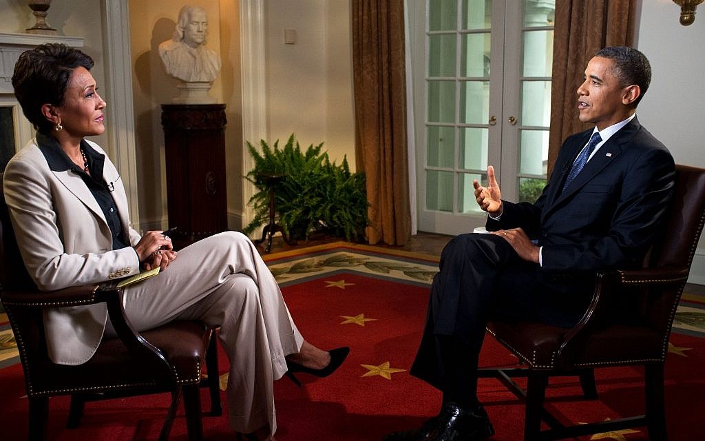 President Barack Obama participates in an interview with Robin Roberts of ABC's "Good Morning America," in the Cabinet Room of the White House, May 9, 2012. (photo credit: Official White House Photo by Pete Souza)