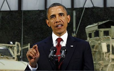 US President Barack Obama delivers a speech from Bagram Air Field, Afghanistan, in May (photo credit: AP/Kevin Lamarque)