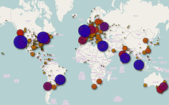 Map of the Startup Genome Project's top 25 start-up ecosystems. Note the large blue button on Tel Aviv (Photo credit: Courtesy) Map of the Startup Genome Project's top 25 start-up ecosystems. Note the large blue button on Tel Aviv (Photo credit: Courtesy)