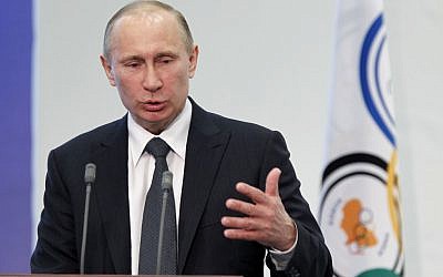Russian President Vladimir Putin speaking in Moscow in April (photo credit: AP/Misha Japaridze, File)