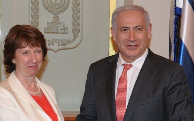 Prime Minister Benyamin Netanyahu with EU foreign policy chief Catherine Ashton during her visit to Jerusalem in 2011 (photo credit: Moshe Milner/GPO/Flash90)