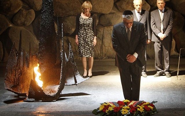 Joachim Gauck during his visit to Israel at the Holocaust Yad Vashem memorial museum in Jerusalem (photo credit: Miriam Alster/Flash90)