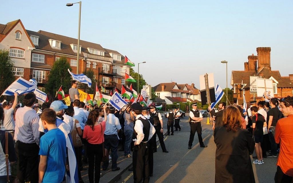 In London, a face-off between pro-Israeli and pro-Palestinian demonstrators, May 2013. (photo credit: courtesy of British Israel Coalition) In London, a face-off between pro-Israeli and pro-Palestinian demonstrators, May 2013. (photo credit: courtesy of British Israel Coalition)