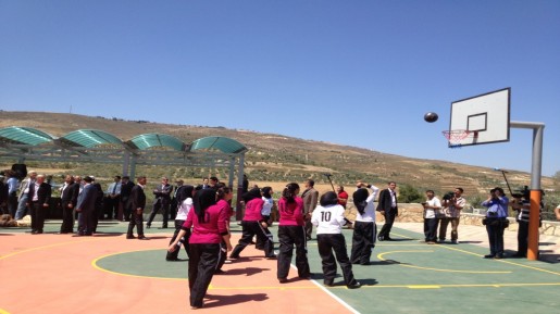 Girls from the village of Burin, south of Nablus, inaugurating their school's brand new basketball court (photo credit: Raphael Ahren/The Times of Israel) Girls from the village of Burin, south of Nablus, inaugurating their school's brand new basketball court (photo credit: Raphael Ahren/The Times of Israel)