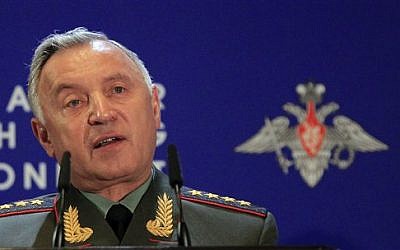 Chief of General Staff Nikolay Makarov speaks at Russian Ministry of Defense’s Conference on Missile Defense in Moscow on Thursday, May 3, 2012. (AP Photo/Sergey Ponomarev)