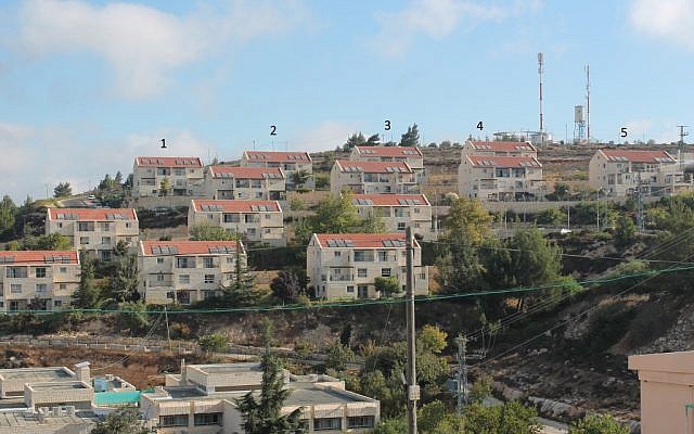 Givat Ulpana neighborhood with the houses slated for demolition marked 1-5 (photo credit: courtesy)