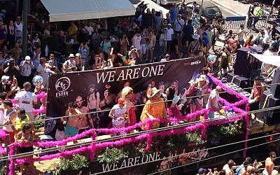 Drag queens ride a float in Tel Aviv's annual gay pride parade (photo credit: daveinisrael.com)