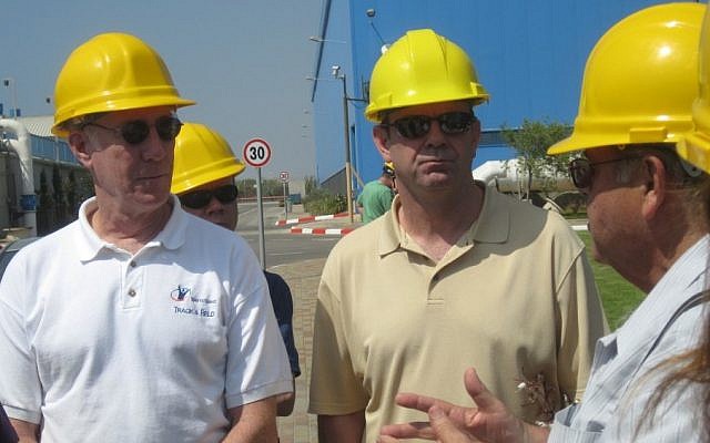Leading U.S. energy experts Stephen Walz, Director of Energy Planning, Northern Virginia Regional Commission and Brian Wynne, President of the Electric Drive Transportation Association, tour the Ashkelon Desalination Facility led by Abraham Tenne, Head of the Israel Water Authority Desalination Division, during a week-long seminar with other top U.S. decision-makers on clean energy visiting Israel this week to collaborate on Israeli green technology, under the auspices of Project Interchange/AJC. (Photo credit: Courtesy)