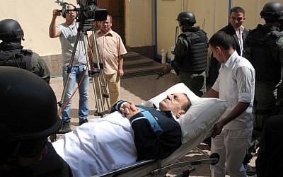 Hosni Mubarak being wheeled into court last September (photo credit: AP/Mohammed al-Law)