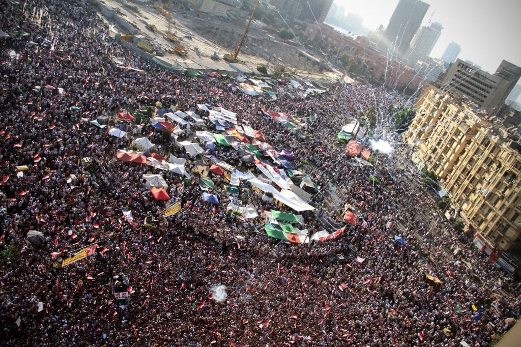 Tahrir Square filled with hundreds of thousands of people Sunday after the announcement of the victory, crowds which had not been seen there since the salad days of the revolution. (photo credit: AP/Ahmed Gomaa)