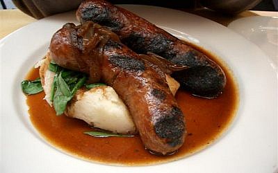 Bangers and mash (photo credit: avlxyz, CC-BY-SA-2.0, via Wikimedia Commons)