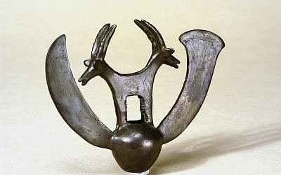 In 1961, a group of archaeologists were looking for Dead Sea scrolls. Instead, they found the striking double ibex and the rest of the hoard now known as the "Cave of Treasure." (Courtesy of the Israel Museum)