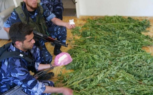 Illustrative photo of Hamas police officers with confiscated drugs (photo credit: Ahmad Khateib/ Flash90)