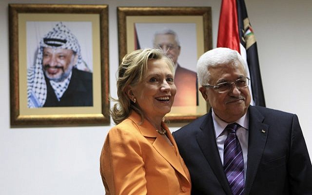 US Secretary of State Hillary Clinton meets with PA President Mahmoud Abbas in Ramallah in 2010. Their last face-to-face meeting was in 2011. (photo credit: Fadi Arouri/Flash90)