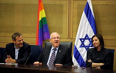 Knesset speaker Reuven Rivlin (C) and members of Meretz party, Zahava Gal-On (R) and Nitzan Horowitz (L) attend an event to mark the opening of pride month at the Knesset in 2011 (Photo: Kobi Gideon / Flash90).