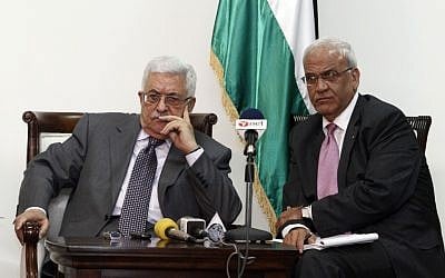 Mahmoud Abbas, left, and Saeb Erekat. (Uri Lenz/Flash90)