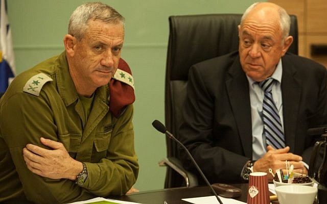 IDF Chief of Staff Benny Gantz (left) sits next to MK Roni Bar-on (Kadima) during Tuesday’s  Foreign Affairs and Defense Committee hearing in the Knesset (photo credit: Uri Lenz/Flash90)