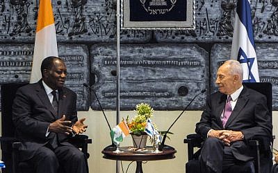 Alassane Ouatttara and Shimon Peres, on Sunday (photo credit: Moshe Milner/GPO/Flash90)