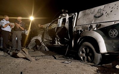 The site were a Kassam rocket landed, injuring four border policemen late Tuesday night (photo credit: Tsafrir Abayov/Flash90)