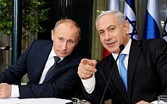 Prime Minister Benjamin Netanyahu (right) holds a joint press conference with Russian President Vladimir Putin (left) in Jerusalem on Monday, June 25, 2012. (photo credit: Kobi Gideon/GPO/Flash90)