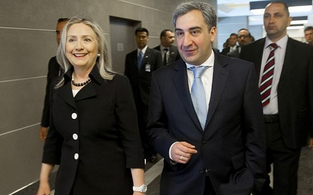 Georgian Prime Minister Nika Gilauri, front right, and U.S. Secretary of State Hillary Clinton, left, arrive for a meeting in Batumi, Georgia, on Tuesday. (photo credit: AP/Saul Loeb, Pool)