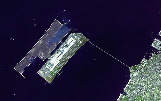 Satellite image of Kansai International Airport in Osaka Bay in Japan (photo credit: courtesy of NASA Earth Observatory) Satellite image of Kansai International Airport in Osaka Bay in Japan (photo credit: courtesy of NASA Earth Observatory)