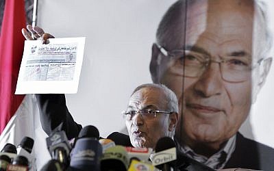 Ahmed Shafiq presents his case against the Muslim Brotherhood (photo credit: AP Photo/Amr Nabil)