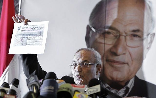 Ahmed Shafiq presents his case against the Muslim Brotherhood (photo credit: AP Photo/Amr Nabil)