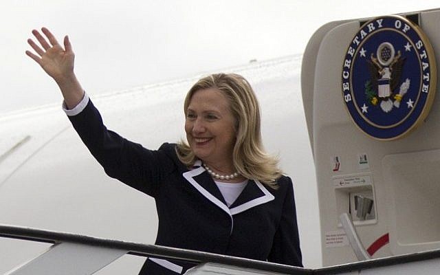 US Secretary of State Hillary Clinton waves before boarding a plane in Riga, Latvia on Thursday. (photo credit: AP/Haraz N. Ghanbari) US Secretary of State Hillary Clinton waves before boarding a plane in Riga, Latvia on Thursday. (photo credit: AP/Haraz N. Ghanbari)
