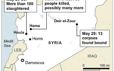 Map locates notable recent massacres in Syria (photo credit: AP)