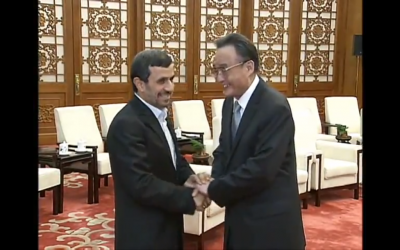 Image capture of Presidents Hu Jintao of China and Mahmoud Ahmedinejad of Iran meeting in Beijing on Friday from a YouTube video.