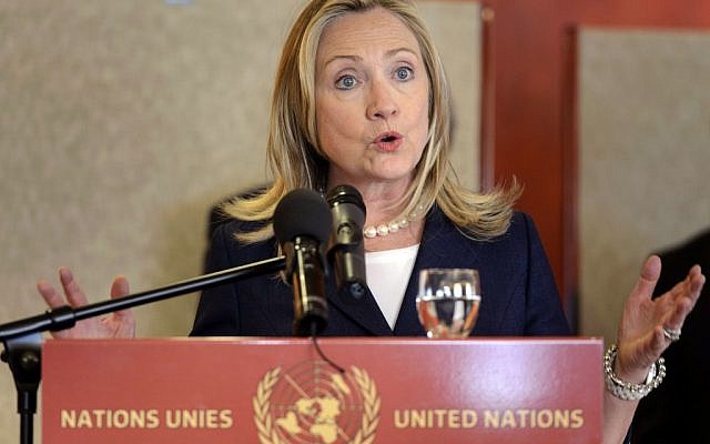 US Secretary of State Hillary Rodham Clinton after a meeting of the Action Group for Syria at the European headquarters of the United Nations, in Geneva, Switzerland in June 2012. (photo credit: AP/Laurent Gillieron, Pool) US Secretary of State Hillary Rodham Clinton after a meeting of the Action Group for Syria at the European headquarters of the United Nations, in Geneva, Switzerland in June 2012. (photo credit: AP/Laurent Gillieron, Pool)