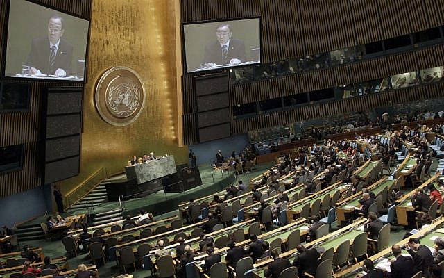UN Secretary-General Ban Ki-moon addresses the General Assembly regarding the situation in Syria in June (photo credit: Mary Altaffer/AP) UN Secretary-General Ban Ki-moon addresses the General Assembly regarding the situation in Syria in June (photo credit: Mary Altaffer/AP)