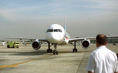 Illustrative photo of an Arkia airplane at Ben Gurion International Airport (photo credit: Flash90)