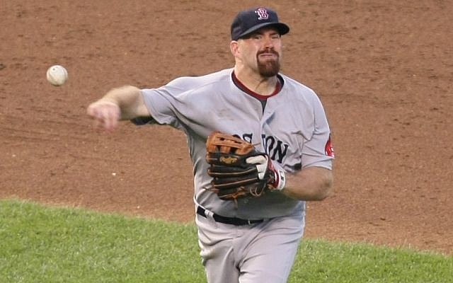 Boston Red Sox third baseman Kevin Youkilis makes a throw in a game against the Baltimore Orioles, August 2009. (photo credit: Keith Allison, CC, via wikipedia)