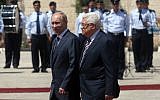 Vladimir Putin (left) and Mahmoud Abbas (right) in Bethlehem, 2011 (photo credit: Issam Rimawi/Flash 90)