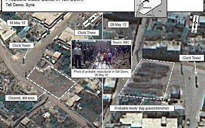 Satellite images showing the village of Tall Daww before and after the May 25 massacre (photo credit: Digital globe/US government)