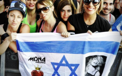 Madonna on the Israeli flag (Courtesy Guy Oseary Twitter) Madonna on the Israeli flag (Courtesy Guy Oseary Twitter)