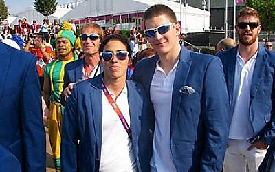 Amit Ivri (left) with fellow swimmer Imri Ganiel (photo credit: courtesy of Israel Olympic Committee)