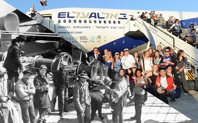 Immigrants the the United States aboard the SS Friedrich der Grosse (left) and American immigrants to Israel after deplaning from a Nefesh B'Nefesh charter flight. (photo credit: public domain via Wikimedia Commons/Shahar Azran/Nefesh B'Nefesh)