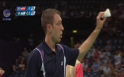 Israeli badminton star Misha Zilberman playing at the 2012 Olympics.  (screen capture: Channel 1)