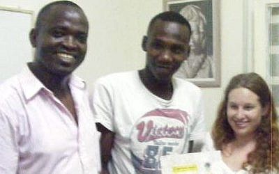 Pamela Strauss, Abdoulaye (center), and Adam (left), at their graduation from the course Pamela taught on legal rights (photo credit: courtesy) Pamela Strauss, Abdoulaye (center), and Adam (left), at their graduation from the course Pamela taught on legal rights (photo credit: courtesy)