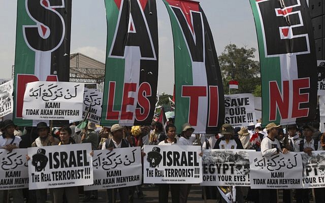 Muslim activists hold pro-Palestinian and anti-Israeli placards at a rally in Jakarta, Indonesia, in June 2010, days after the Mavi Marmara flotilla incident. (photo credit: AP/Achmad Ibrahim) Muslim activists hold pro-Palestinian and anti-Israeli placards at a rally in Jakarta, Indonesia, in June 2010, days after the Mavi Marmara flotilla incident. (photo credit: AP/Achmad Ibrahim)